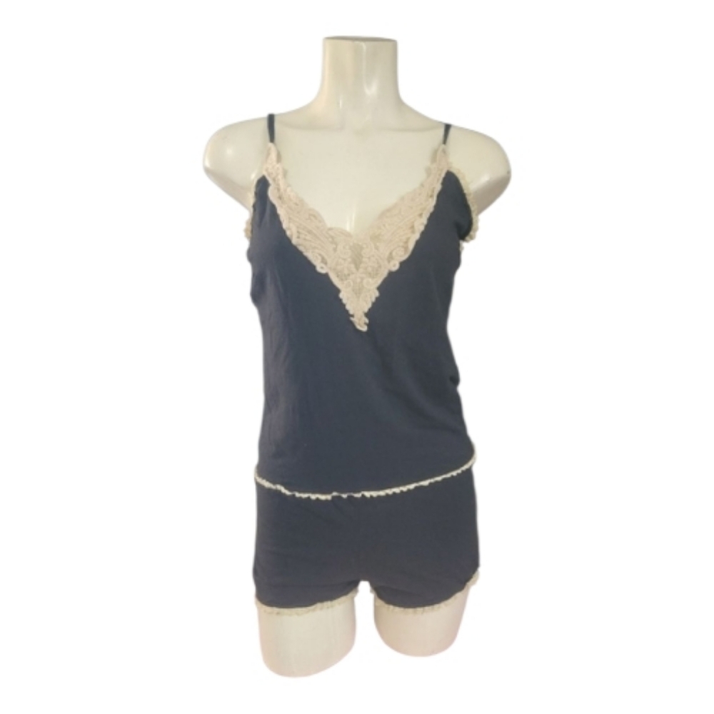 Black and Cream Lace Trim Pajama Romper Sophie & Me